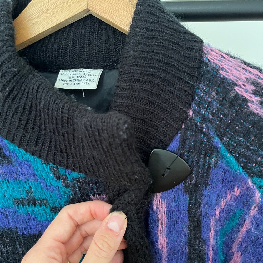 Vintage Colorful Knit Long Sweater Coat with Black Button - Picture 2 of 6